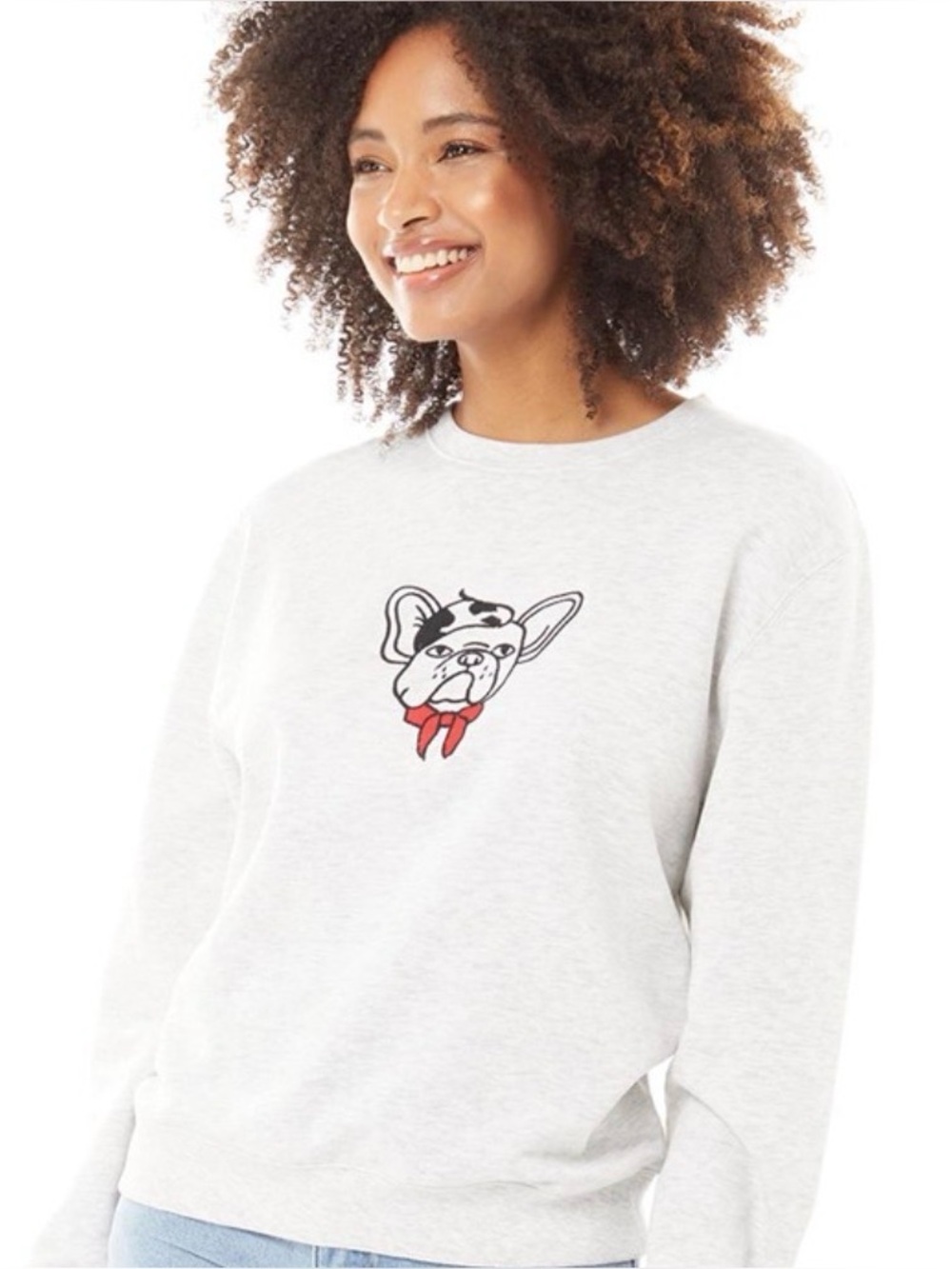 French Connection light gray croppedcrewneck with embroidered French bulldog